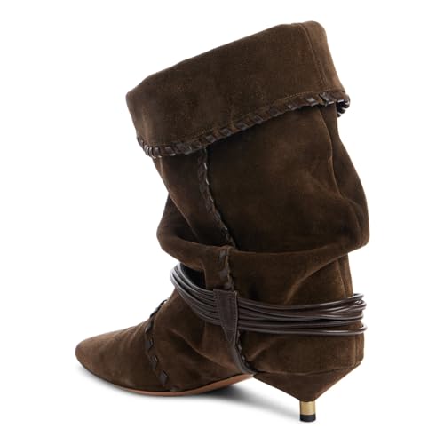 Yishaweiqi Kitten Heel Mid Calf Boots for Women Metallic Low Heel Ankle Boots Pull On Pointed Toe Slouch Boots Fall Suede Boots4