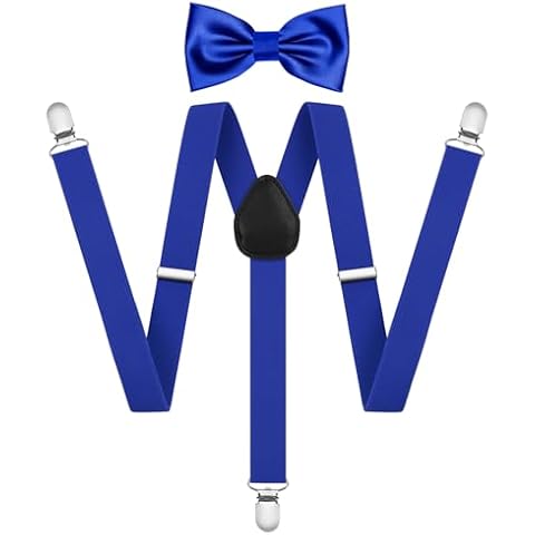 AOOWU Blue Bow Tie and Suspender Set for Men Women, Solid Color Blue Bow Ties Mens Blue Suspenders Y Shape with Strong Clips Adjustable Brace Bowtie for Party Cosplay Wedding Graduation Gifts Cover