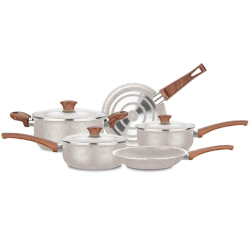 Conjunto de Panelas Vanilla Cerâmica 5 Peças – Antiaderente Cerâmico | 18cm, 20cm, Caçarola 22cm, Frigideiras 22cm e 24cm | Tampas de Vidro, Cabos Antitérmicos (VANILLA)