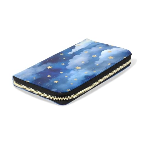 Long Wallets Leather Bifold Wallet for Women Blue Stars Cloud with Zipper Credit Card Holder Large Capacity4
