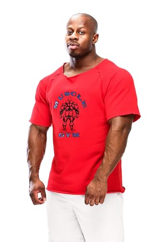 MUSCLE GYM Camiseta de trapo de culturismo para hombre, camiseta de entrenamiento de rizo de algodón, ligera, holgada, para levantamiento de pesas, fitness y cardio, Mg rojo, M