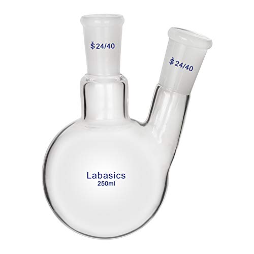 Labasics Vidrio 250ml RBF Matraz de Fondo Redondo con 2 Cuellos de Ángulos, 2 Neck Round Bottom Flask con Junta Exterior 24/40 Central y Lateral Estándar - 250ml