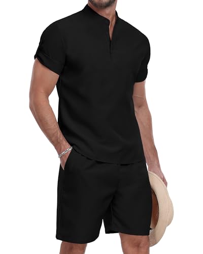 YTD Men's 2 Pieces Linen Set Short Sleeve Casual Henley Shirt and Shorts Summer Beach Yoga Matching Outfits M Black