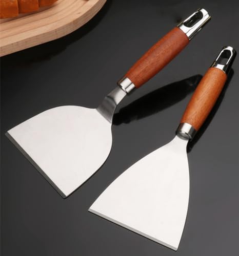 NORHOR Conjunto de espátulas para grelha, 430 aço inoxidável várias finalidades espátula Teppanyaki com cabo de madeira para grelhas Teppanyaki, hambúrgueres, bifes - grau comercial