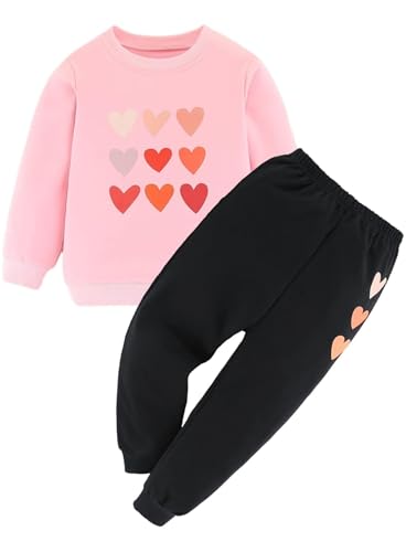 Image of Cute Toddler Girls Sweatsuit - Casual Heart Print Child Clothes Fall Outfit