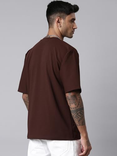Image of Men's Stylish Round Neck Textured 3 /4th Sleeve Oversized T-Shirt (Brown)