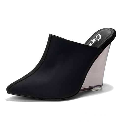 Slip On Closed Toe Wedge Heels for Women - Women's Pointed Toe Lightweight Comfort Stretch Fit Dressy Casual Shoes with Non-Slip Sole, Transparent Chunky Heel for Women (Carlie)
