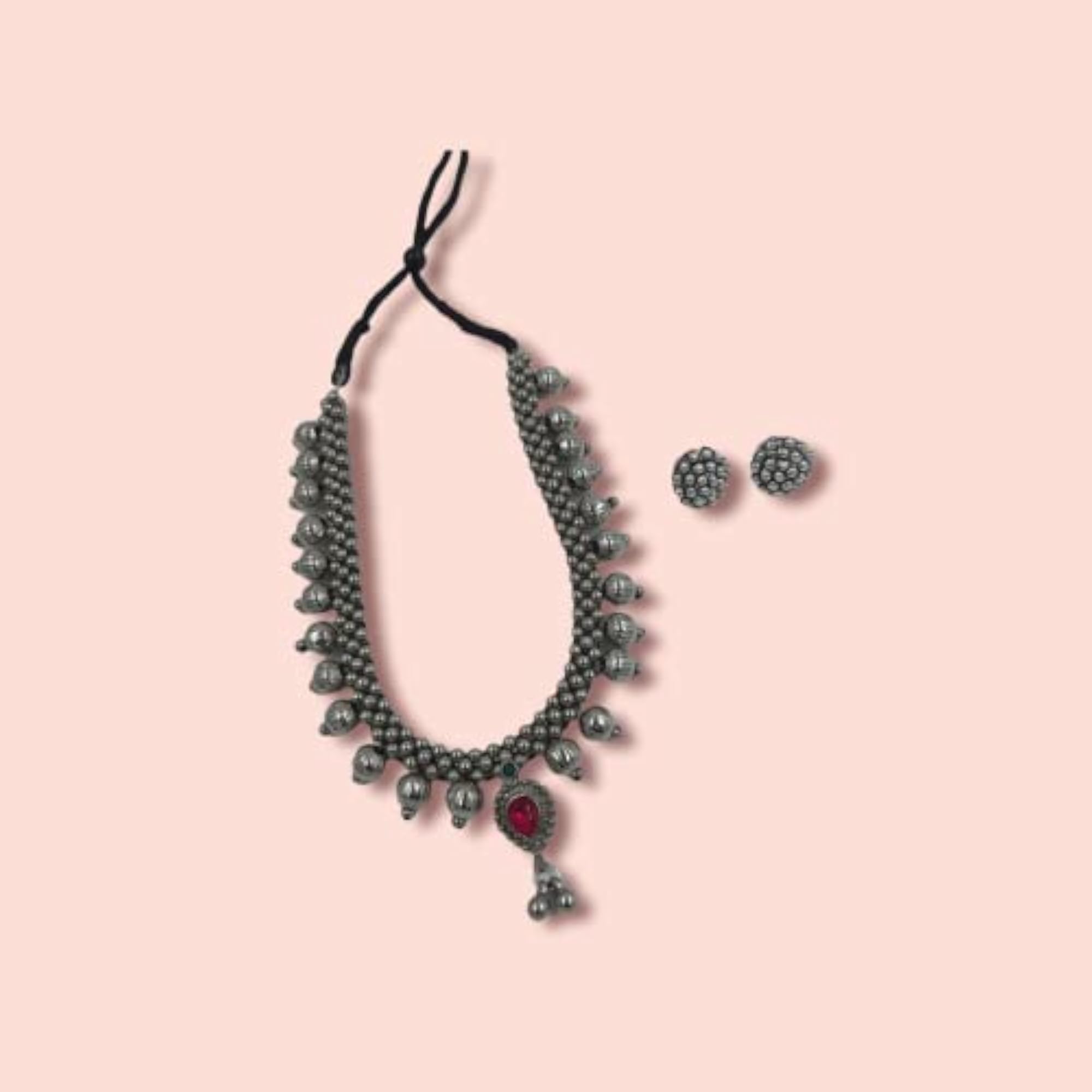 Women's Traditional Kolhapuri Thushi Antique Oxidised Silver Choker Necklace