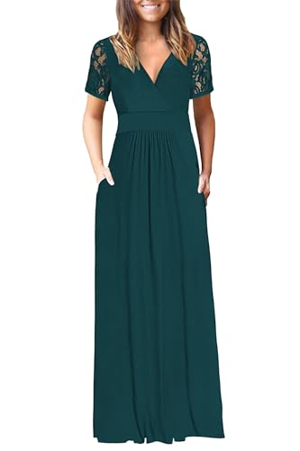 Image of AUSELILY Maxi Dresses for Women Summer Lace Short Sleeve V Neck Wrap Dress | Lace Short Sleeve, Two Pockets, V-Neck Wrap Waist Long Dress