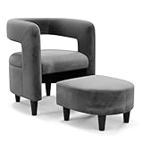 COSTWAY Velvet Armchair with Footstool, Modern Upholstered Accent Tub Chair and Ottoman Set, Tucked Space-Saving Comfy Sofa Chair Club Barrel Seat Reading Armchair for Living Room Bedroom (Grey)