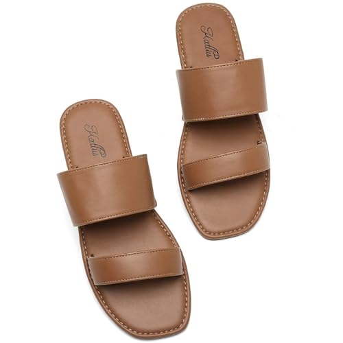 katliu Women's Flat Sandals Two Strap Slide Sandals Open Toe