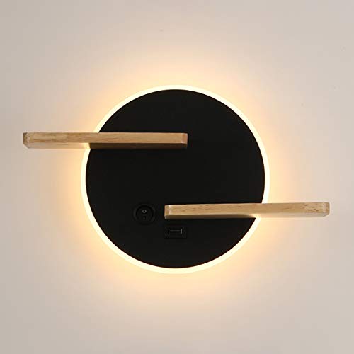 Dagea Schlafzimmer Bett LED Wandleuchte, Wandlampe mit USB-Anschluss und Massivholz Regal Modern Kreativ Wohnzimmer Studie Hotel Hintergrundwand Runden Wandbeleuchtung 3000K Warm Licht 9W,Schwarz,L Cover