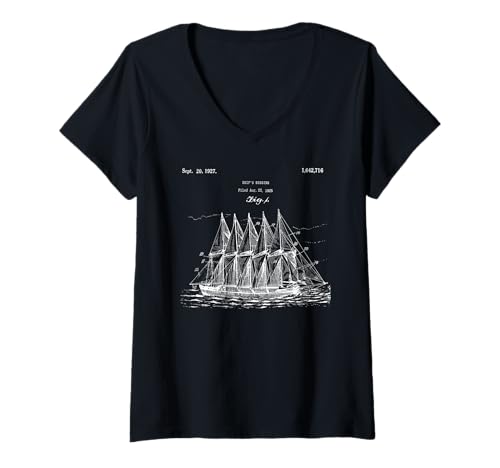 Damen Vintage-Shirt mit Schiffsrigging-Baumuster — Old Ocean Sailboat T-Shirt mit V-Ausschnitt