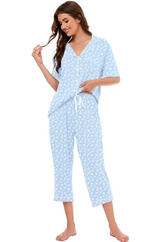 Image of LUBOT Womens Bamboo Viscose Pajamas for Women PJ Set 2 Piece Cooling Soft Short Sleeve Capri Pants Summer Sleepwear Set S-XXL