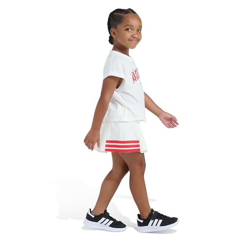Image of adidas Girls Box Tee & Pleated Skort Set, Off-white, 6 | Short Sleeve T-Shirt, regular fit, above-knee length, 3-Stripes design, logo detail