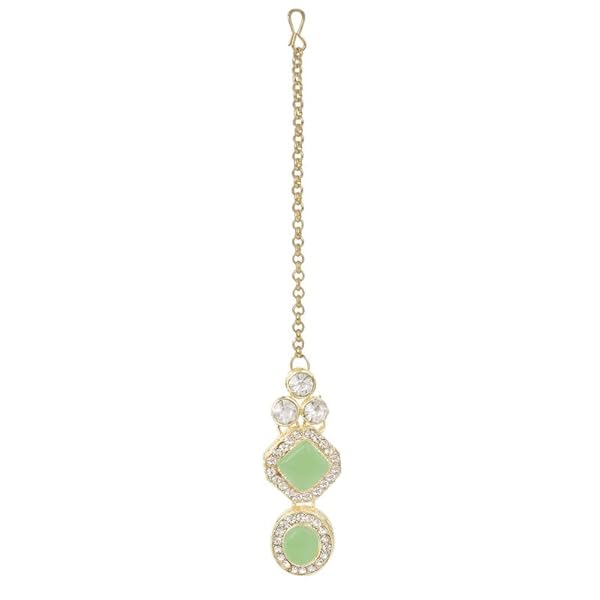 TANAIRA Mint Color Stones Choker Necklace Earrings Maangtika Set For Women & Girls/Gold Color crystal Bridal Jewellery Set for Wedding |Birthday Gift for girls and women Anniversary Gift for Wife - Image 7