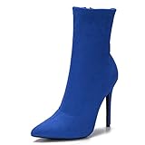 CAMSSOO Women's Stylish Ankle Boots Sexy Pointed Toe Stiletto High Heels Boots Comfy Mid Calf Booties Blue Faux Suede Size US 6.5 EU37