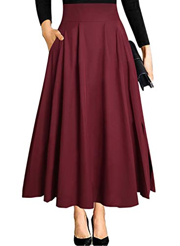 Ranphee Black Maxi Skirts for Women Vintage Summer High Waisted A-line Long Flowy Skirt, Burgundy, Small