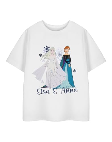 Disney Frozen Elsa & Anna Girls White T-Shirt | Kids Princess Graphic Tee with Snowflakes | Elsa Anna Movie Character Top