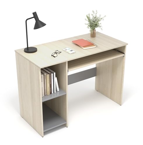 Image of 104x50x75CM Engineered Wood Study Table with Keyboard Tray & 2 Open Storage Shelves for Home, Office | Moisture Proof Computer, Laptop Table | 1 Year Warranty- Acacia Light with Grey