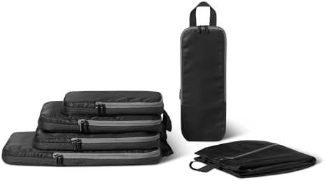 Amazon Essentials Packwürfel Kompression, Ultraleichte Organizer mit Reißverschluss, Recyceltes rPET, 6er-Pack, Schwarz, für Reisen