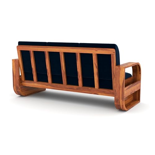 Image of Solid Sheesham Wooden 3 Seater Sofa Set with Blue Cushion for Living Room Furniture - Honey Finish