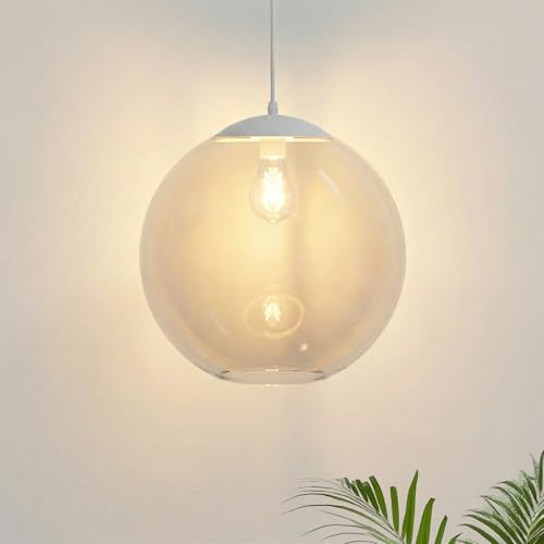 Image of KASTLITE 12 inch Acrylic Globe Pendant Light Fixture, 8W 3000K Filament LED Bulb, Ceiling Mount - Kitchen Pendant Lighting Over Island, Hanging Dining Light, Living Room Lamp - Clear Shade, White Base