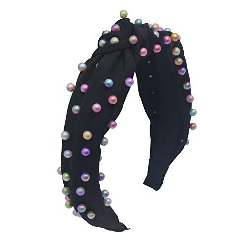 MHDGG Colorful Pearl Knot Headband for Women,Twisted Faux Wide Headbands Knot Headband Hair Band Hair Hoop Elastic Hair Accessories,Black
