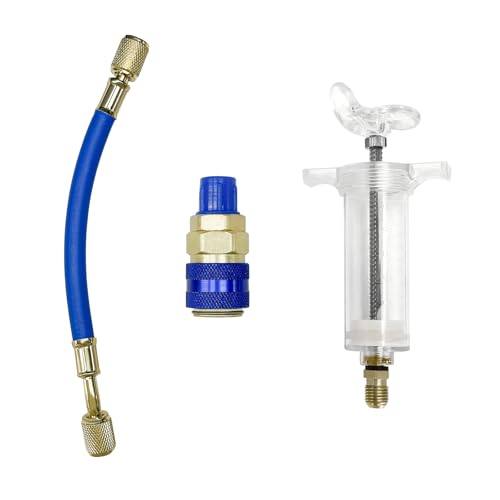 SHMZK Oil and Dye Injectors Kit, 30ml/1 Oz Hand Push Oil Injector with Snap Quick Coupler 1/4' SAE Connector, Screw-in Manual AC Dye Injector Refrigerant Tools...