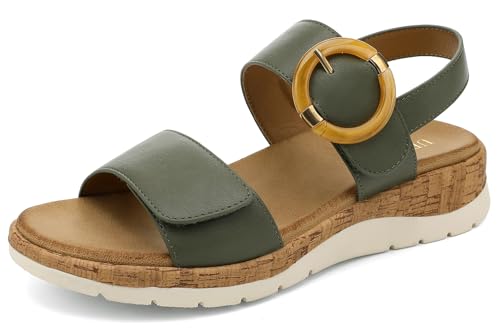 Image of UBFEN Womens Low Wedge Walking Sandals with Arch Support | Open Toe Sandals Adjustable Instep and Ankle Straps for Summer Everyday Outfits, Travel,Vacation