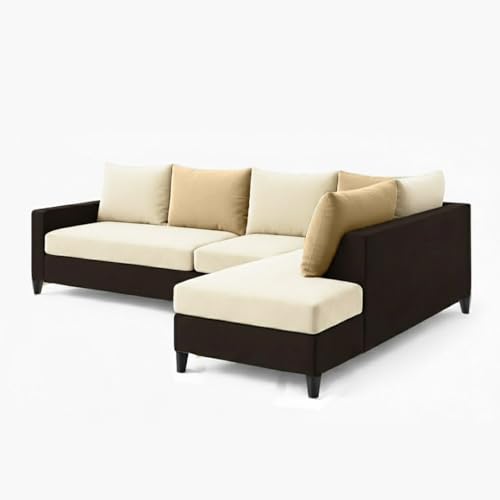 Image of FURNY Glory 6 Seater RHS Fabric Sofa Set (Dark Brown-Cream-Beige) with Velvet Finish | Durable Comfort | Ideal for Living Room. | Breathable material