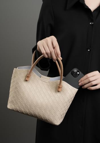 Image of Woven Leather Tote Bag for Women - Microfiber & Cowhide Handbag, Small Crossbody Satchel with Adjustable Strap for Daily Use