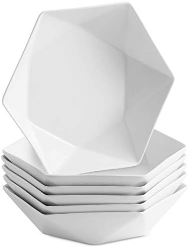 MITBAK 20 Ounce Bone China Soup Bowls | Set of 6 Diamond Shaped White Serving Bowl Plates For Soup, Ramen, Cereal, Pasta, Fruit, Pho, Salad, Dessert | Decorative Bowls Make Excellent Gift Idea