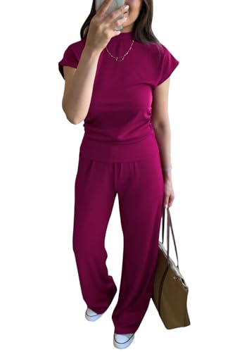 Image of Women's 2 Piece Outfits Casual Summer Cap Sleeve Ribbed Pant Sets Tracksuit