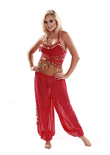 MissBellyDance Harem Pant & Tank Top Belly Dancer Costume Set | SADIQA (RED/GOLD, XXL)
