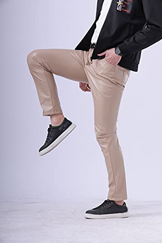Men`s Summer Business Thin Slim Fit PU Dress Faux Leather Pants Jeans Khaki/332