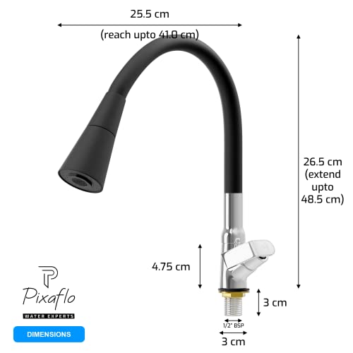 Image of Pixaflo Brass Swan Neck Tap with 360-degree Swivel Black Flexible Silicone Swivel Spout for Kitchen Sink and Wash Basin, Dual Flow (Meta)
