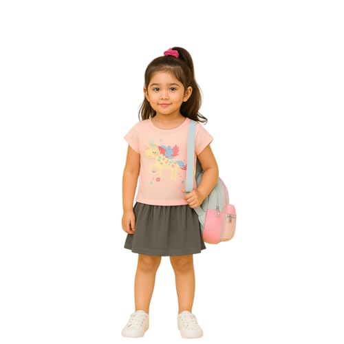 Image of Kidbea Baby Girls Cotton Top with Unicorn Print & Grey Skirt Set | Stylish Summer Clothing for Kids (Light Pink, 18-24 Months)