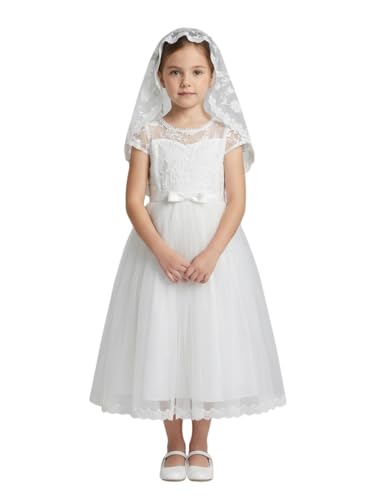 LalaMira Girls White Lace First Communion Dress with...