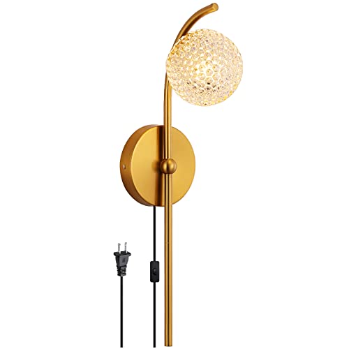 Image of Plug in Gold Wall Sconces - Adjustable Color Temperature Modern Wall Light Fixtures, Globe Wall Mounted Lamp with Brass Finish for Indoor Iiving Room Bedroom Bedside Hallway