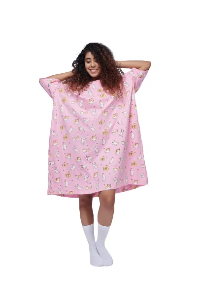 Image of LAMA STORE Women's Printed Oversized T-Shirt Dress, Cotton, 3 /4 Sleeve Length, Casual Loose Fit, Comfort Wear Extra Comfy Oversized Printed Pocket T-Shirt Dress