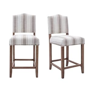 EALSON Farmhouse Bar Stools Set of 2 Counter Height Kitchen Barstools with Back Mid Century Modern Wooden Bar Chairs Linen Upholstered Island Stools for Home Bar/Bistro/Pub, 26 Inch Brown Stripe EALSON Farmhouse Bar Stools Set of 2 Counter Height Kitchen Barstools with Back Mid Century Modern Wooden Bar Chairs Linen Upholstered Island Stools for Home BarBistroPub 26 Inch Brown Stripe