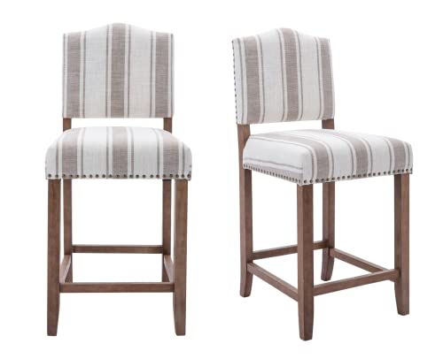 EALSON-Farmhouse-Bar-Stools-Set-of-2-Counter-Height-Kitchen-Barstools-with-Back-Mid-Century-Modern-Wooden-Bar-Chairs-Linen-Upholstered-Island-Stools-for-Home-BarBistroPub-26-Inch-Brown-Stripe EALSON Farmhouse Bar Stools Set of 2 Counter Height Kitchen Barstools with Back Mid Century Modern Wooden Bar Chairs Linen Upholstered Island Stools for Home BarBistroPub 26 Inch Brown Stripe