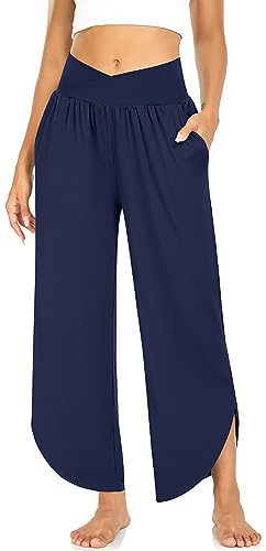 Image of TARSE Women's Wide Leg Yoga Pants Cross High Waist Flowy Split with Pockets | Comfy Lightweight Stretch, Flare Hem Cropped, Loose Dance Pants, Travel & Lounge, Everyday Casual Wear
