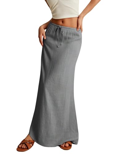 EARKOHA 2025 Women's Summer Maxi Skirt Drawstring Low Waist A Line Linen Long Flowy Skirts Grey L