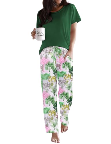 Image of Ekouaer Pajama Sets for Women Round Neck Pjs Short Sleeve Sleepwear with Long Pants Loose Lounge Sets