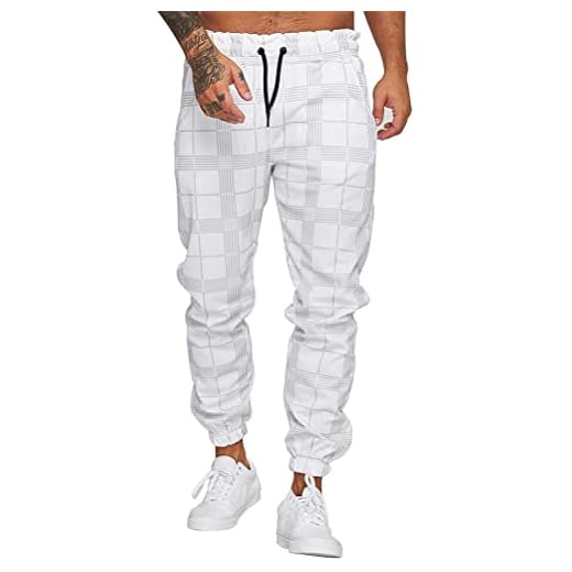 ORANDESIGNE Homme Pantalon de Jogging à Carreaux Pantalon de Sport Ample avec Cordon Automne Hiver Pantalon D'entraînement Léger Pantalons de Survêtement A Blanc XS
