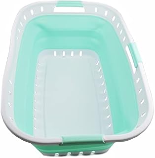 SAMMART 44L Collapsible Plastic Laundry Basket - Foldable Pop Up Storage Container / Organizer - Portable Washing Tub - Space Saving Hamper / Basket (1, White/Light Green)