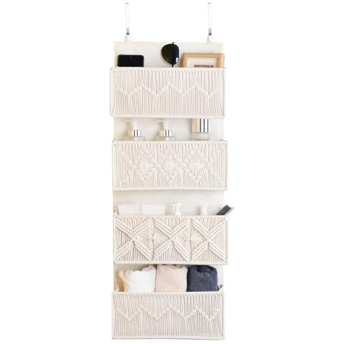 Over the Door Organizer Macrame Boho Nursery Storage with 4 Large Woven Pockets, Hanging Basket for Bathroom, Nursery & Closet Doors, Behind the Door Storage Organizer, Cream White
