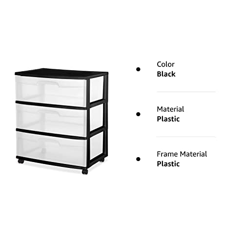 3 Drawer Wide Cart Black Storage Plastic #TOP1